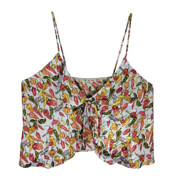 Pretty Lady Pajama Top Size Large Silky Hot Pepper Pattern Attached Bow - Picture 3 of 6